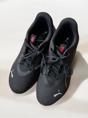 Puma Black Mesh Sneakers with White Puma Logos and Red Tongue Detail